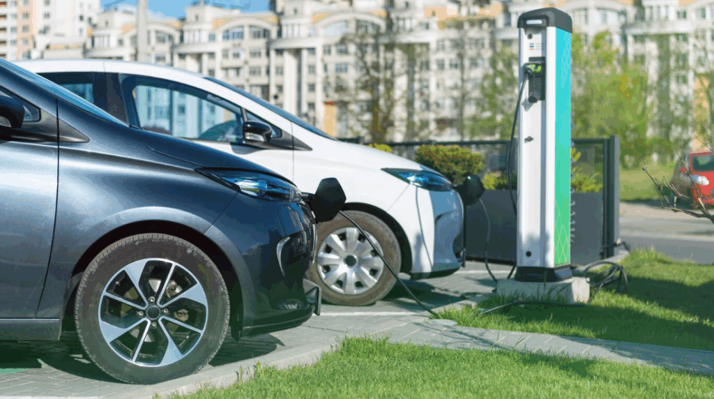 Electric vehicles are charging at a public EV charging station in an urban area with modern apartment buildings in the background.