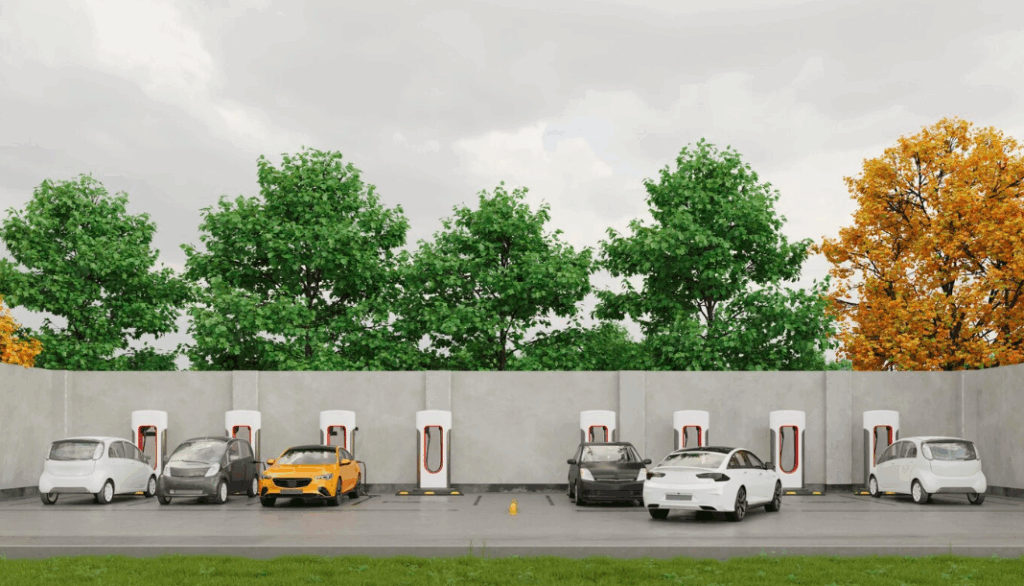 EV charging station map showing multiple electric vehicles plugged into fast chargers in a parking lot