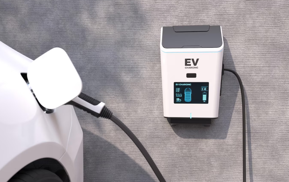 Renewable energy EV charging station connected to an electric vehicle, showing charging status on a digital display