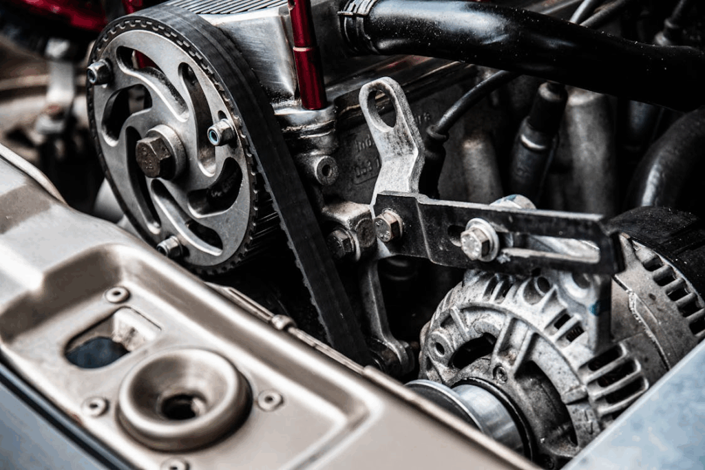 Close-up view of a car engine showing the timing belt and pulleys, essential for knowing when to replace timing belt.