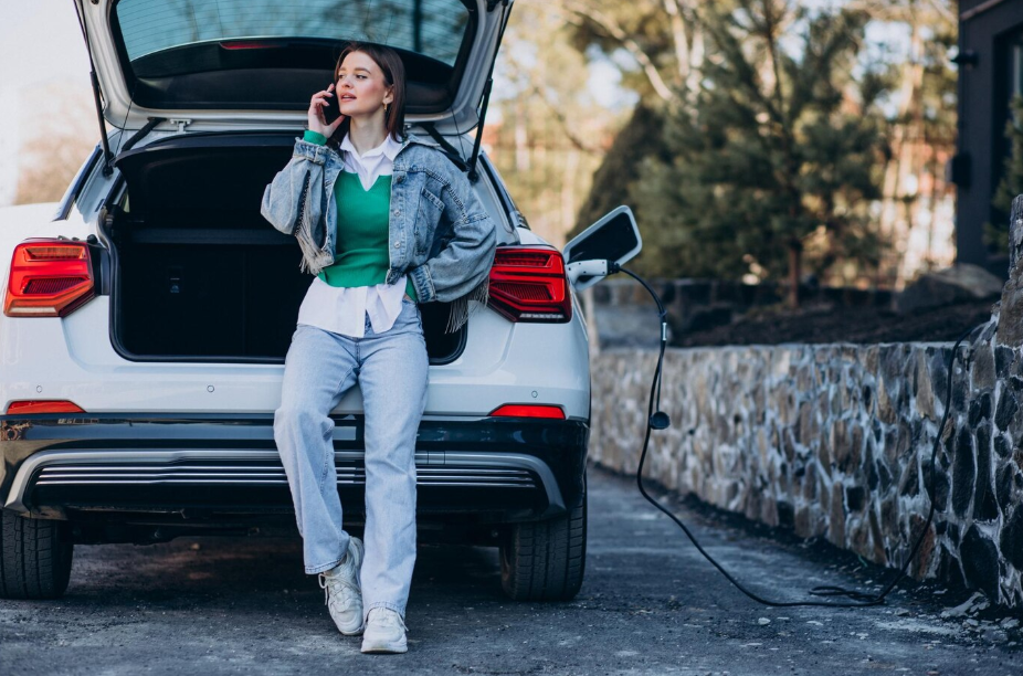 Woman is charging an electric vehicle while on an EV cross-country adventure.