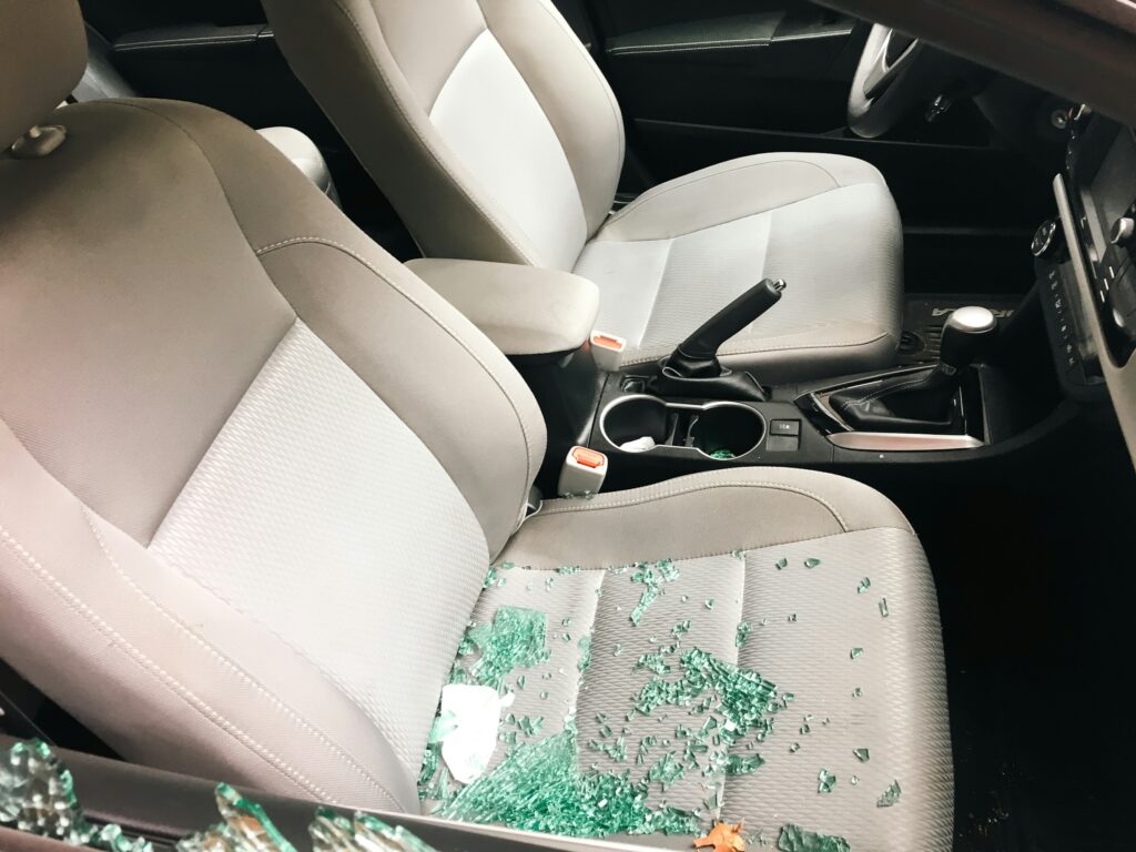 car interior with shattered glass